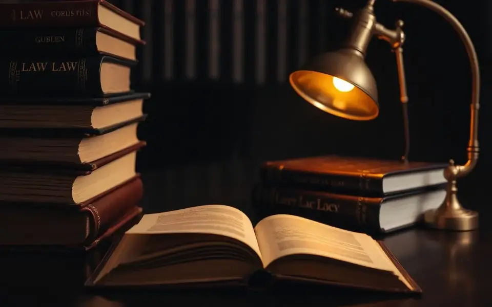 Cărți de drept lângă o lampă de bibliotecă din alamă