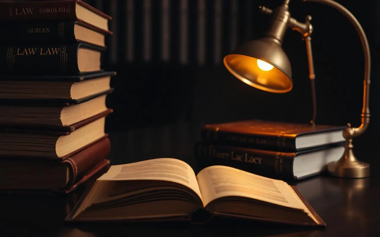 Cărți de drept lângă o lampă de bibliotecă din alamă